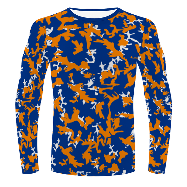 Athletic sports performance shirt for youth and adult football, basketball, baseball, softball, practice, training, etc. printed with camouflage orange, blue, white colors