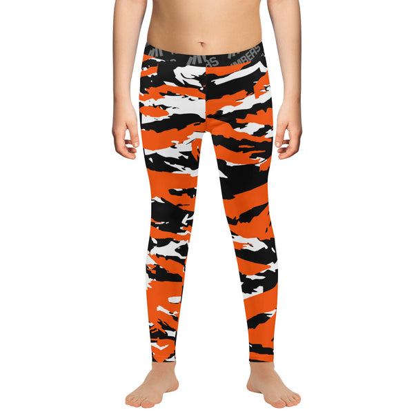 Athletic sports unisex compression tights for girls and boys flag football, tackle football, basketball, track, running, training, gym workout etc printed in predator orange, black, and white Cincinnati Bengals