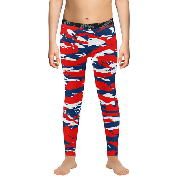 Athletic sports compression tights for youth and adult football, basketball, running, track, etc printed with predator navy blue, red, and white Atlanta Braves