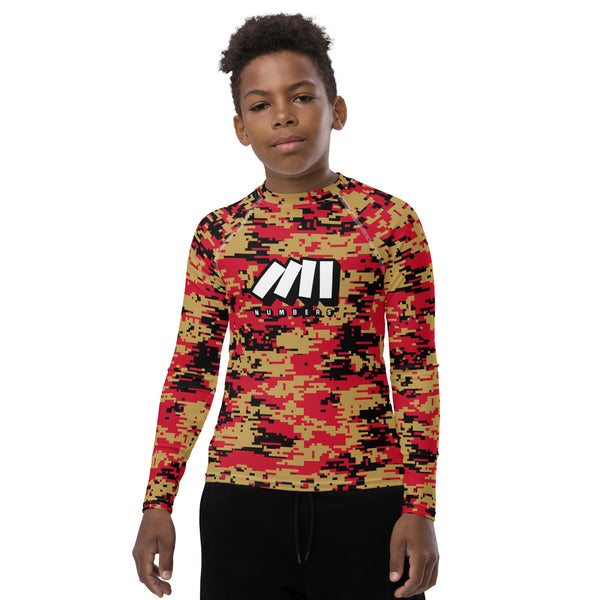 Athletic sports compression shirt for youth football, basketball, baseball, golf, softball etc similar to Nike, Under Armour, Adidas, Sleefs, printed with camouflage red, black, and gold colors San Francisco 49'ers.   