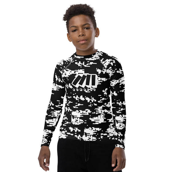 Athletic sports compression shirt for youth football, basketball, baseball, golf, softball etc similar to Nike, Under Armour, Adidas, Sleefs, printed with camouflage black and white colors.      