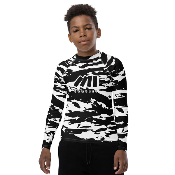 Athletic sports compression shirt for youth football, basketball, baseball, golf, softball etc similar to Nike, Under Armour, Adidas, Sleefs, printed with camouflage black and white colors.    