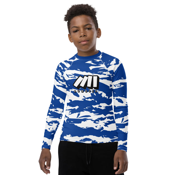 Athletic sports compression shirt for youth football, basketball, baseball, golf, softball etc similar to Nike, Under Armour, Adidas, Sleefs, printed with camouflage blue and white colors Indianapolis Colts. 