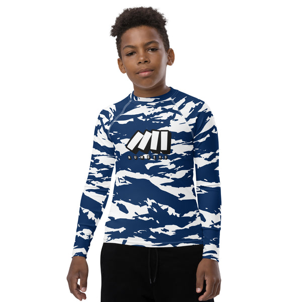 Athletic sports compression shirt for youth football, basketball, baseball, golf, softball etc similar to Nike, Under Armour, Adidas, Sleefs, printed with camouflage navy blue and white colors BYU Cougars.