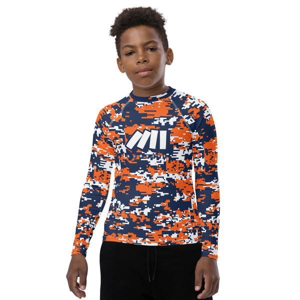 Athletic sports compression shirt for youth football, basketball, baseball, golf, softball etc similar to Nike, Under Armour, Adidas, Sleefs, printed with camouflage navy blue, orange, and white colors Denver Broncos. 