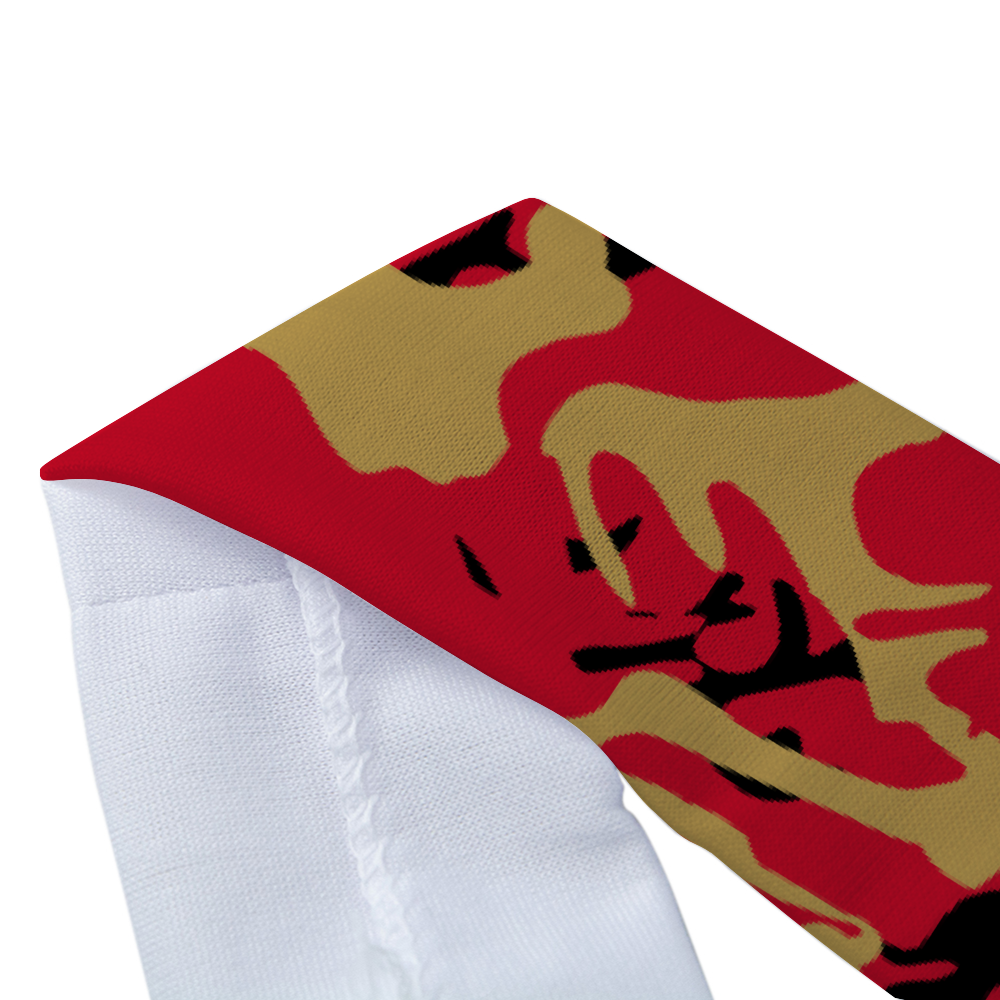 Athletic sports compression arm sleeve for youth and adult football, basketball, baseball, and softball printed with camo red, gold, black