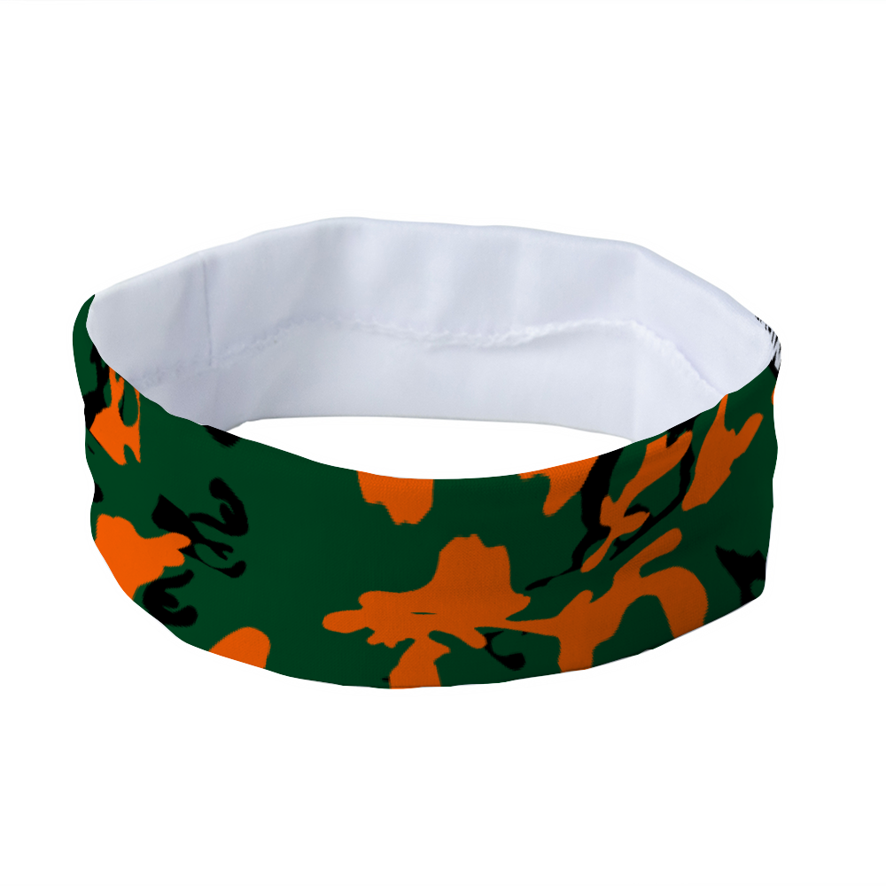 Athletic sports sweatband headband for youth and adult football, basketball, baseball, and softball printed with camo green, orange, and white 
