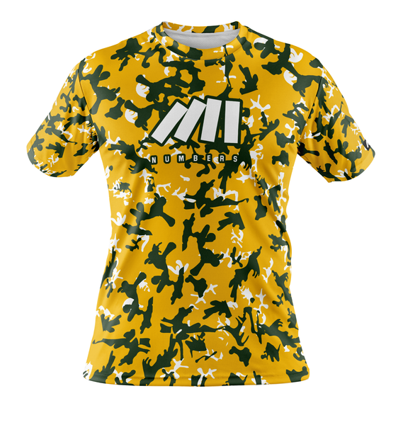 Athletic sports performance shirt for youth and adult football, basketball, baseball, softball, practice, training, etc. printed with camouflage yellow, green, white colors