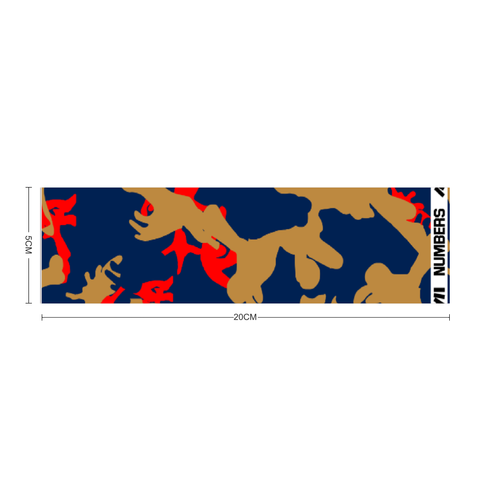 Athletic sports sweatband headband for youth and adult football, basketball, baseball, and softball printed with camo navy blue, red, and gold