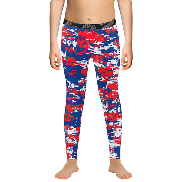 Athletic sports unisex compression tights for girls and boys flag football, tackle football, basketball, track, running, training, gym workout etc printed in red, white, blue Buffalo Bills colors
