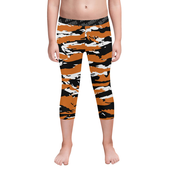 Athletic sports unisex kids youth compression tights for girls and boys flag football, tackle football, basketball, track, running, training, gym workout etc printed with predator burnt orange, black, and white Texas Longhorns