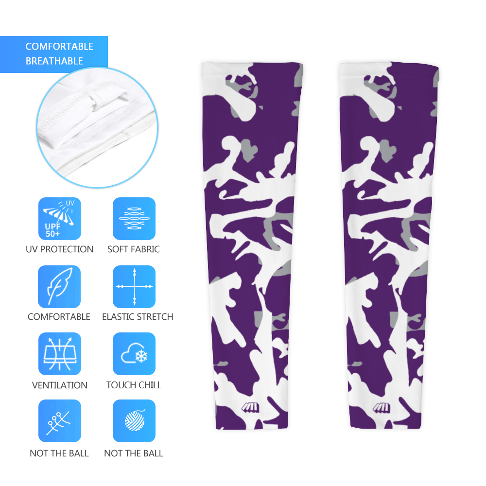 Athletic sports compression arm sleeve for youth and adult football, basketball, baseball, and softball printed with camouflage, purple, gray, white