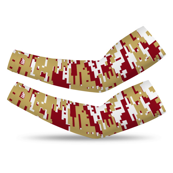 Athletic sports compression arm sleeve for youth and adult football, basketball, baseball, and softball printed with digicamo maroon, gold, white Florida State Seminoles colors