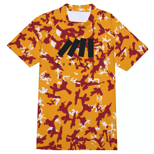 Athletic sports compression shirt for youth and adult football, basketball, baseball, cycling, softball etc printed with camouflage yellow, maroon, white colors