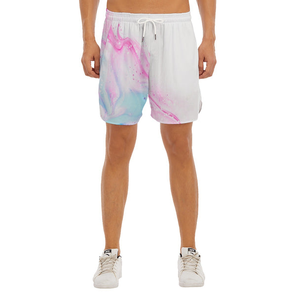 Stylish short shorts for sports like track, running, athletic performance, gym workout, training, etc. printed with tie dye white, pink and blue
