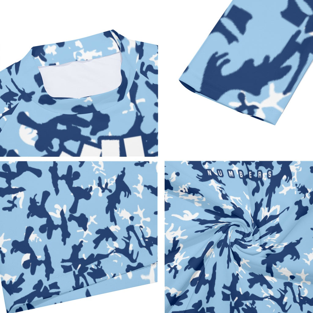 Athletic sports compression shirt for youth and adult football, basketball, baseball, cycling, softball etc printed with camouflage powder blue, navy blue, white colors