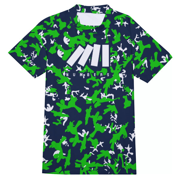 Athletic sports compression shirt for youth and adult football, basketball, baseball, cycling, softball etc printed with camouflage navy blue, green, white colors