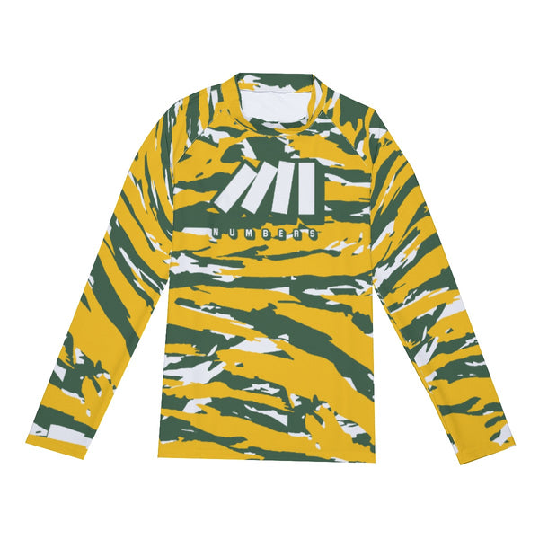Athletic sports compression shirt for youth and adult football, basketball, baseball, cycling, softball etc printed with camouflage yellow, white, and green colors Green Bay Packers