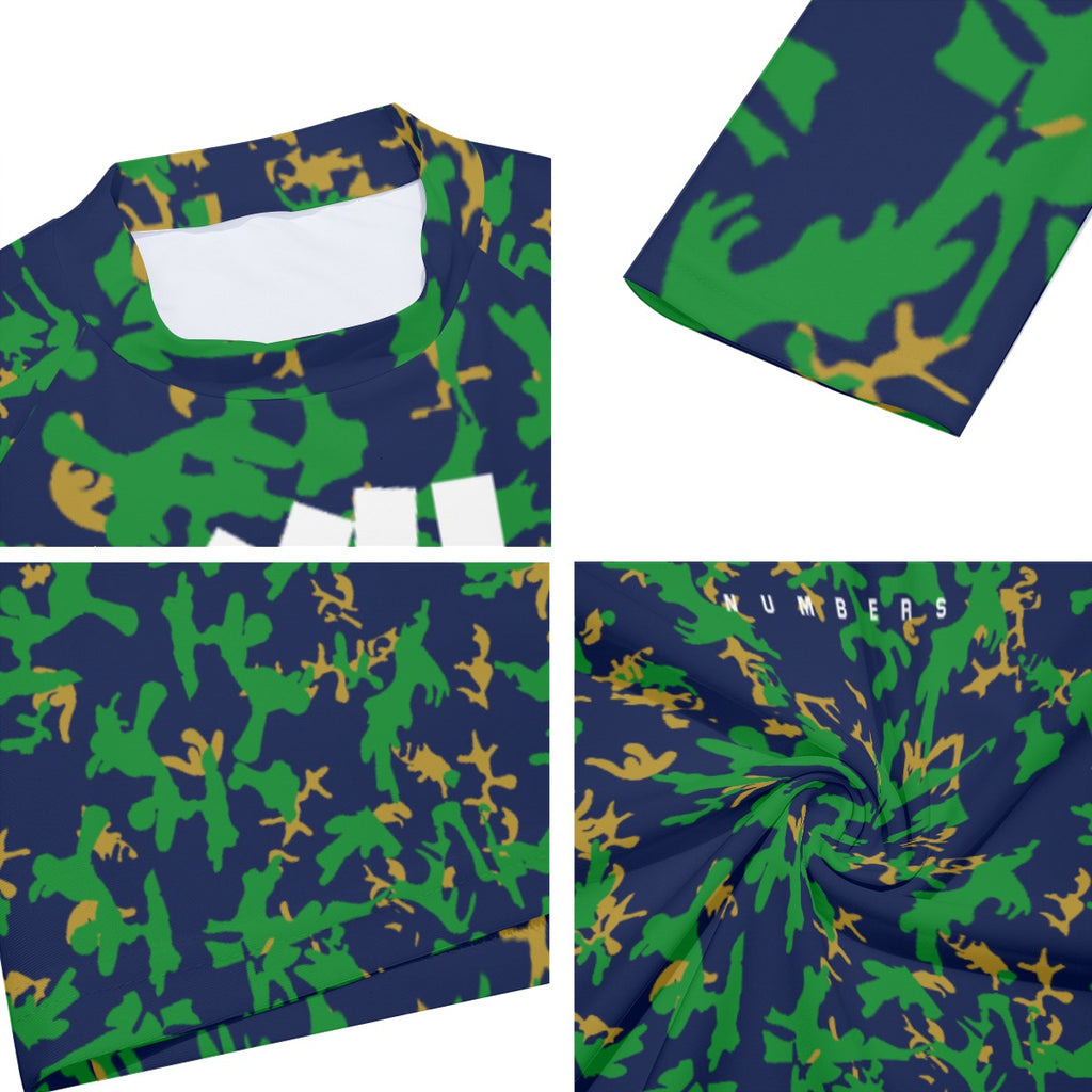 Athletic sports compression shirt for youth and adult football, basketball, baseball, cycling, softball etc printed with camouflage navy blue, gold, green colors