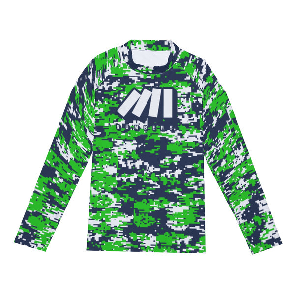 Athletic sports compression shirt for youth and adult football, basketball, baseball, cycling, softball etc printed navy blue, green, and white colors  Seattle Seahawks. 