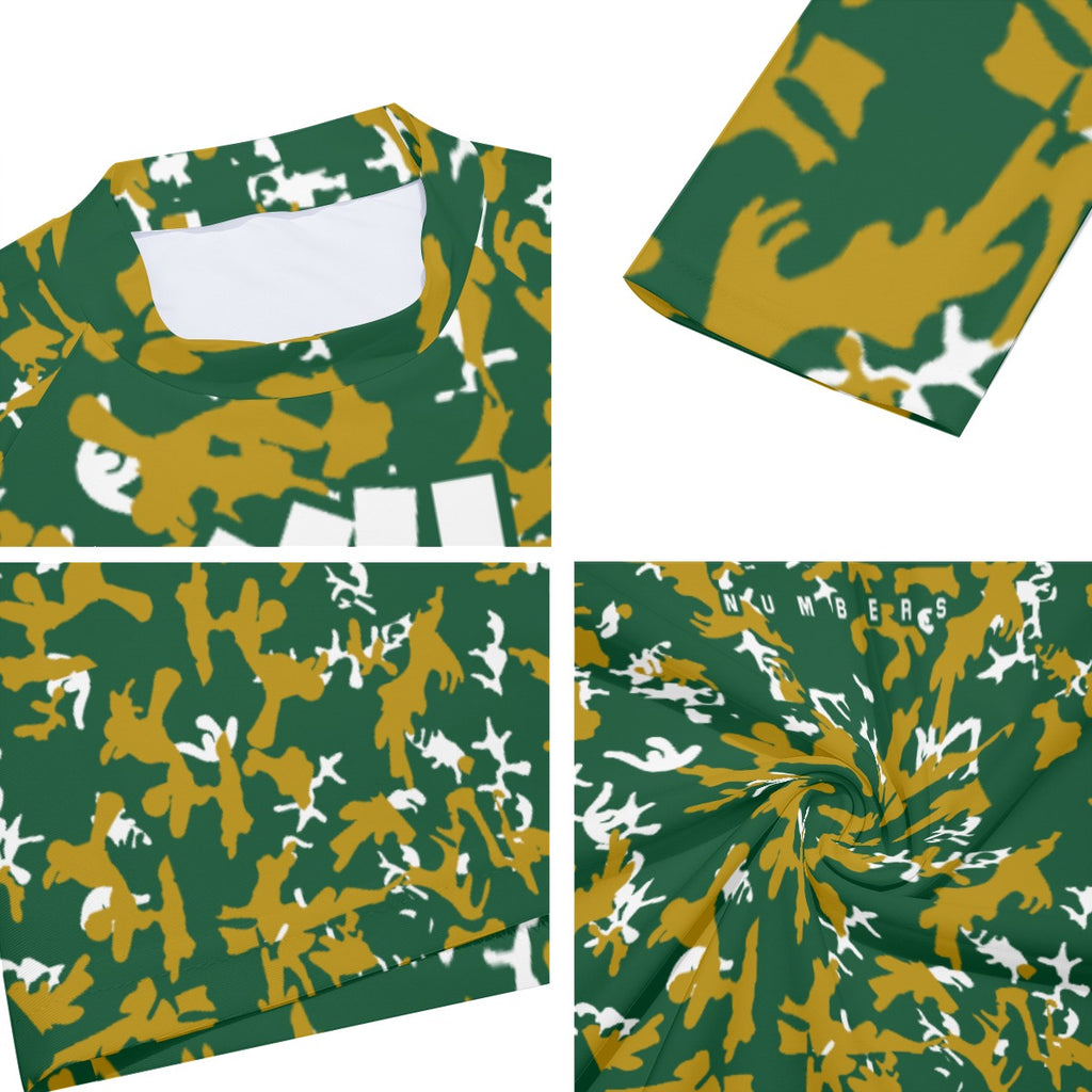 Athletic sports compression shirt for youth and adult football, basketball, baseball, cycling, softball etc printed with camouflage green, gold, white colors
