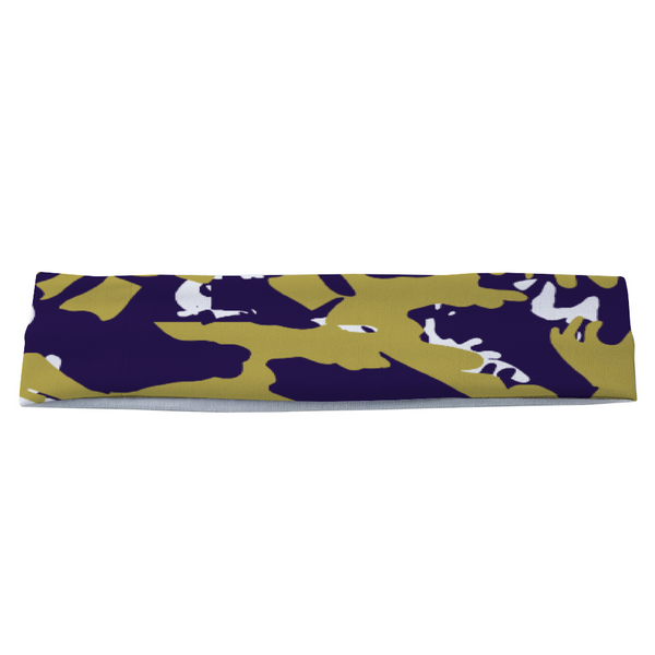 Athletic sports sweatband headband for youth and adult football, basketball, baseball, and softball printed with camo purple, gold, and white