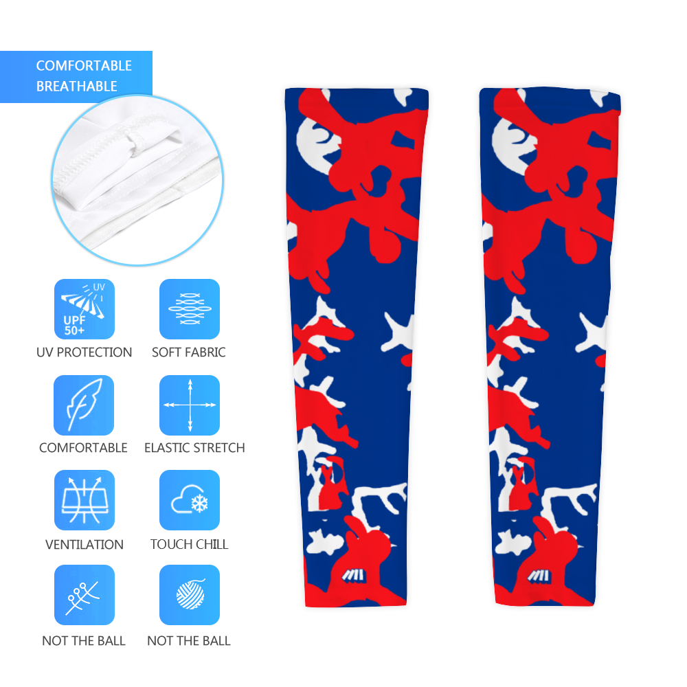 Athletic sports compression arm sleeve for youth and adult football, basketball, baseball, and softball printed with camouflage red, white, blue