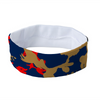 Athletic sports sweatband headband for youth and adult football, basketball, baseball, and softball printed with camo navy blue, red, and gold
