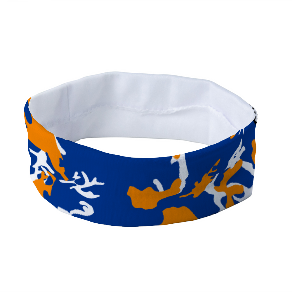 Athletic sports sweatband headband for youth and adult football, basketball, baseball, and softball printed in camo blue, orange, white colors