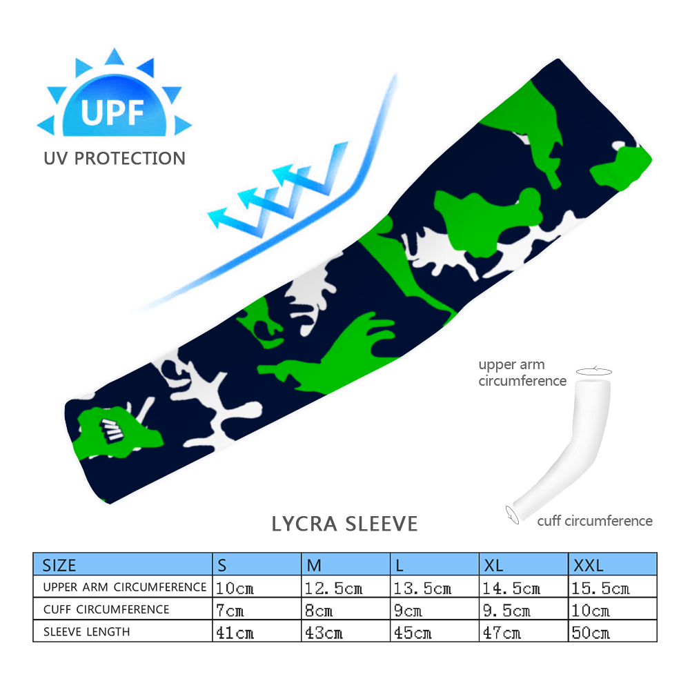 Athletic sports compression arm sleeve for youth and adult football, basketball, baseball, and softball printed with camo green, navy blue, white