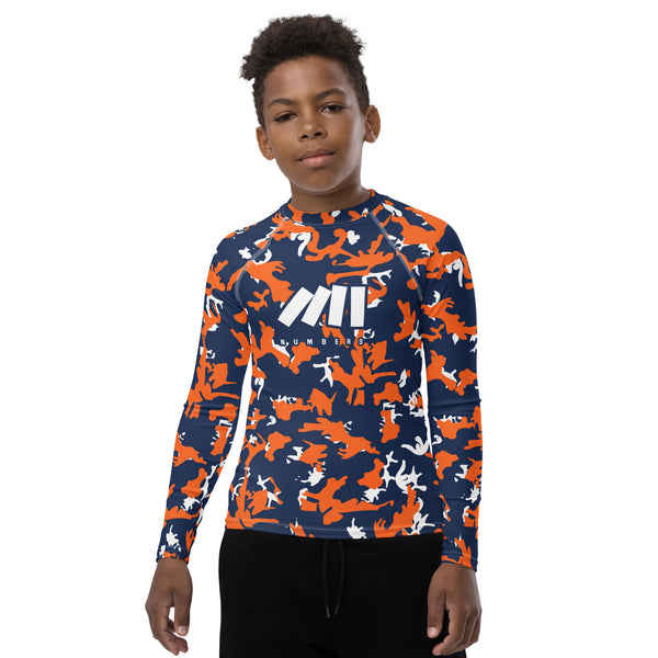 Athletic sports compression shirt for youth football, basketball, baseball, golf, softball etc similar to Nike, Under Armour, Adidas, Sleefs, printed with camouflage blue, orange and white Denver Broncos colors