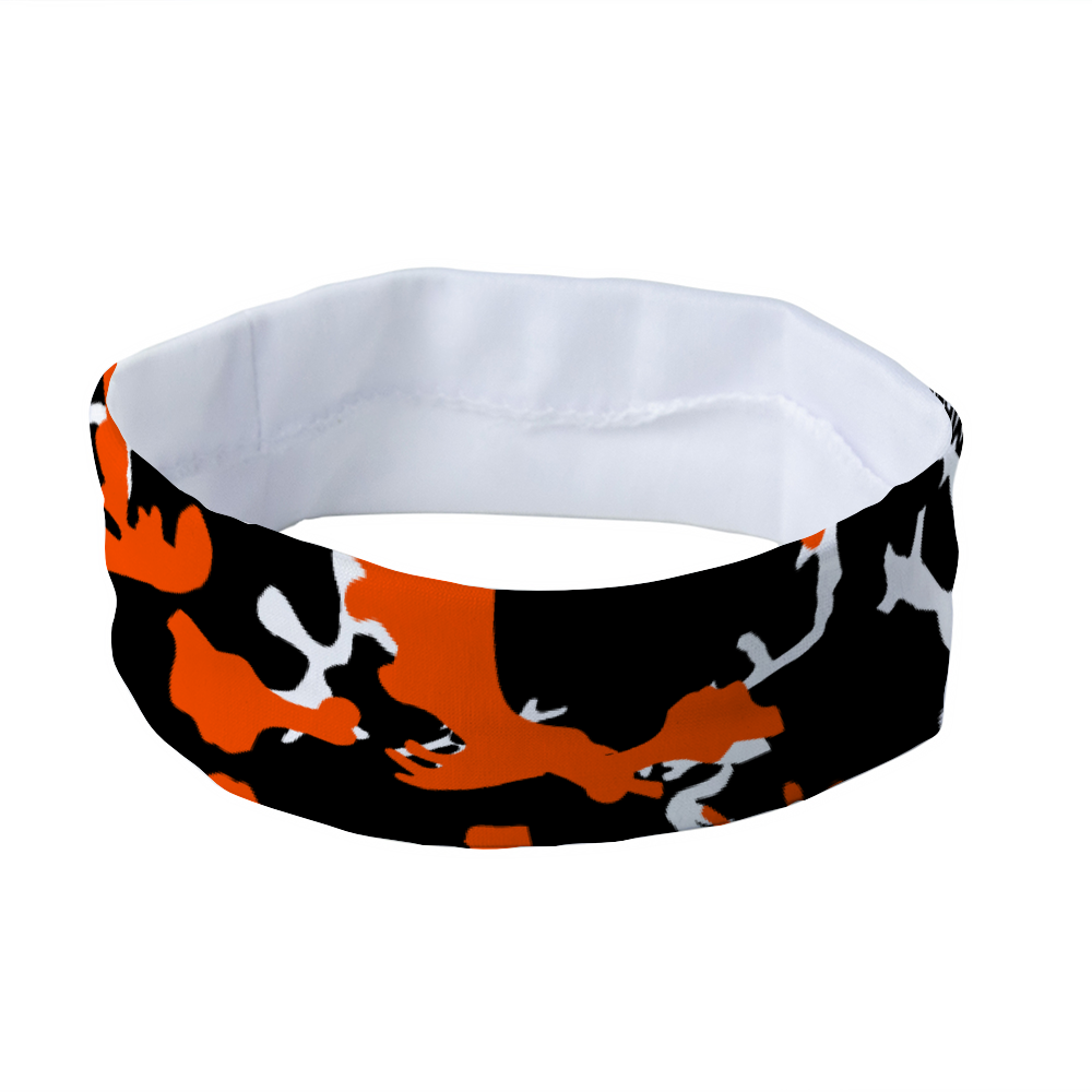 Athletic sports sweatband headband for youth and adult football, basketball, baseball, and softball printed with camo black, orange, white