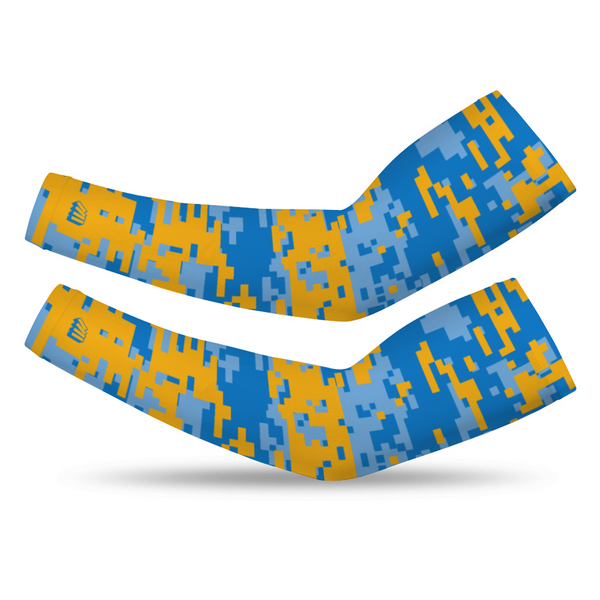 Athletic sports compression arm sleeve for youth and adult football, basketball, baseball, and softball printed with digicamo baby blue, yellow, white San Diego Chargers colors