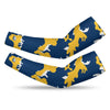 Athletic sports compression arm sleeve for youth and adult football, basketball, baseball, and softball printed with camo navy blue, yellow, and white colors. 