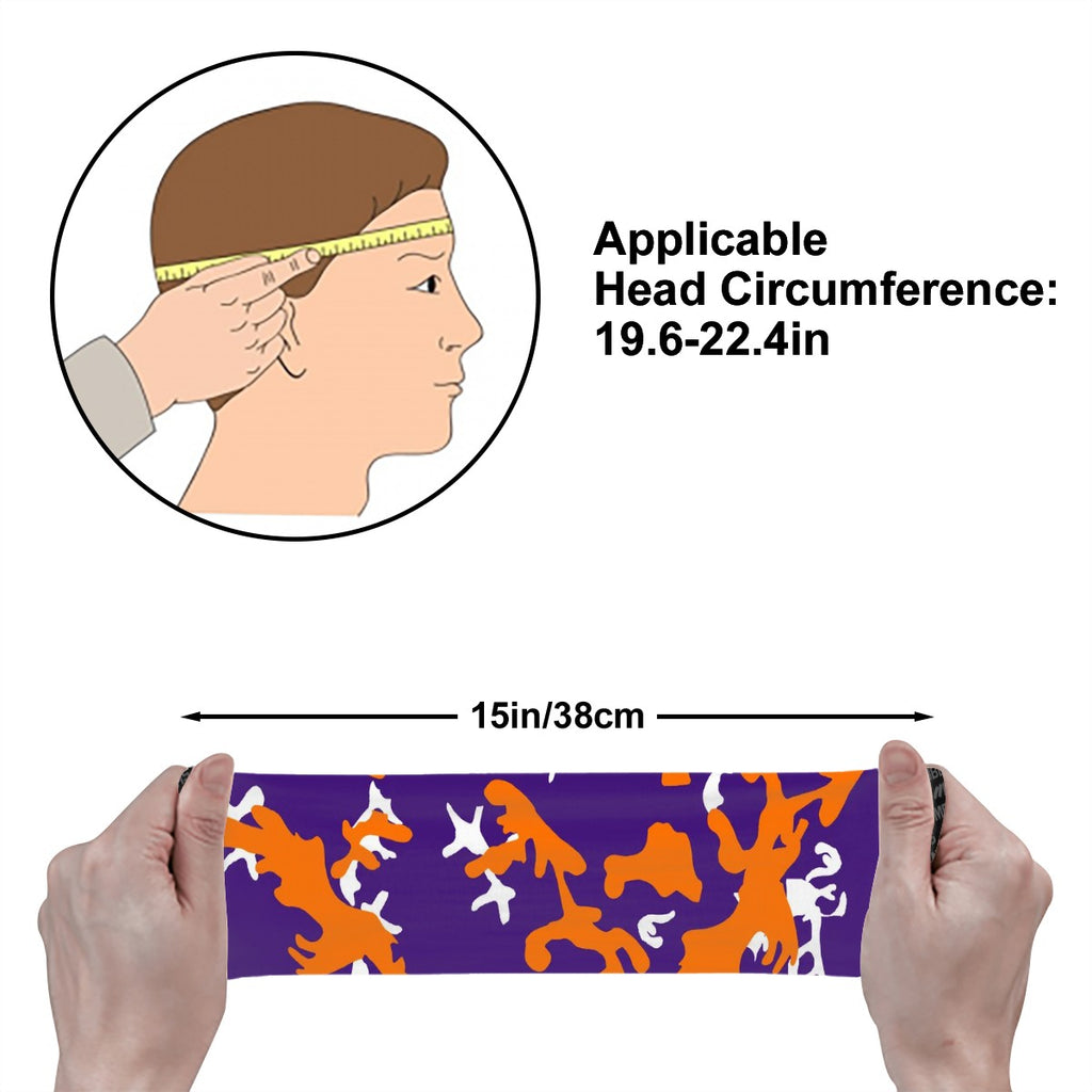 Athletic sports sweatband wide headband for youth and adult football, basketball, baseball, softball, gym workout, printed with purple, orange, and white colors. 