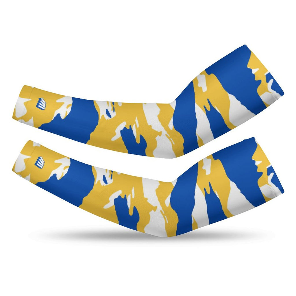 Athletic sports compression arm sleeve for youth and adult football, basketball, baseball, and softball printed with predator blue, yellow, and white colors.
