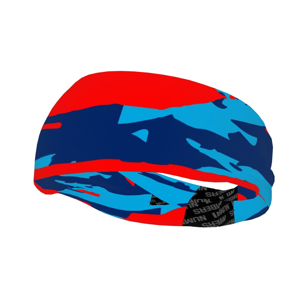 Athletic sports sweatband wide headband for youth and adult football, basketball, baseball, softball, gym workout, printed with navy blue, baby blue, and red colors.