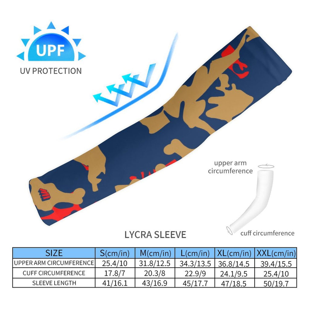 Athletic sports compression arm sleeve for youth and adult football, basketball, baseball, and softball printed with camo navy blue, gold, and red colors.