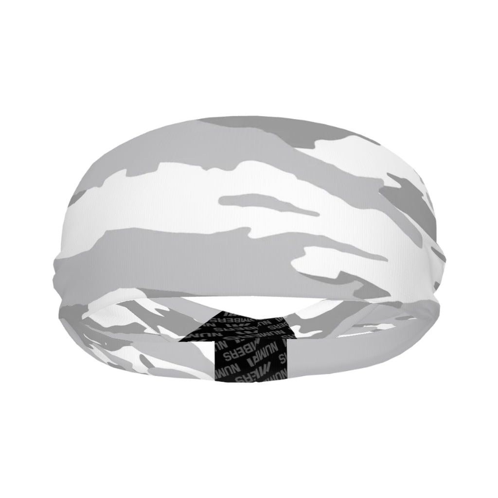 Athletic sports sweatband wide headband for youth and adult football, basketball, baseball, softball, gym workout, printed with grey and white colors.