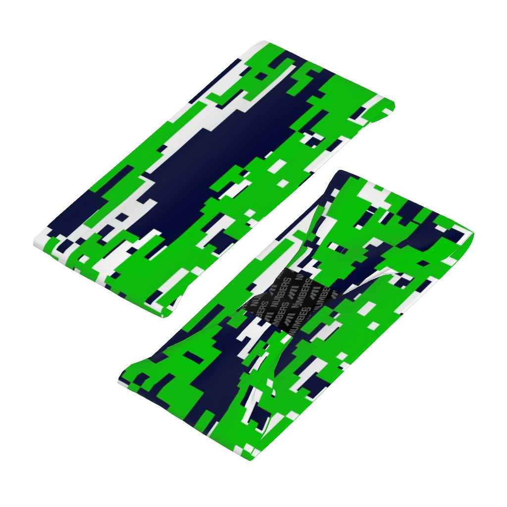 Athletic sports sweatband wide headband for youth and adult football, basketball, baseball, softball, gym workout, printed with green, blue, and white colors.