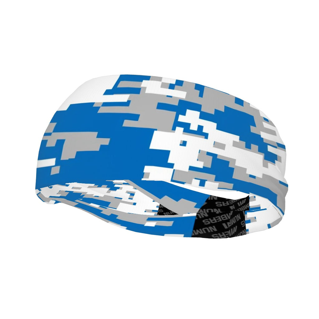 Athletic sports sweatband wide headband for youth and adult football, basketball, baseball, softball, gym workout, printed with light blue, gray, and white colors. 
