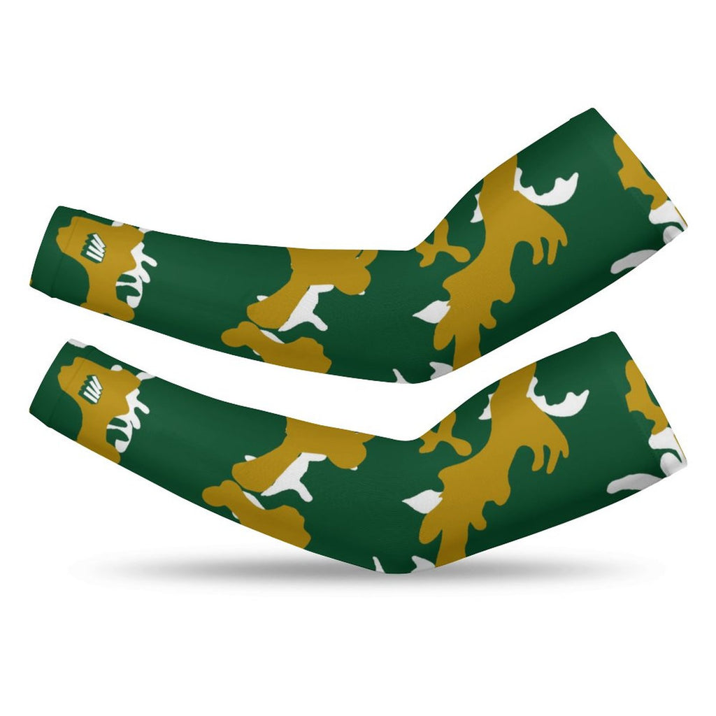 Athletic sports compression arm sleeve for youth and adult football, basketball, baseball, and softball printed with camo green, gold, and white colors.