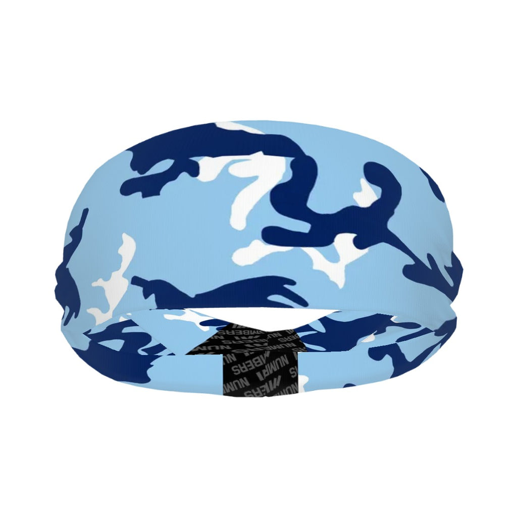 Athletic sports sweatband wide headband for youth and adult football, basketball, baseball, softball, gym workout, printed with navy blue, baby blue, and white colors.