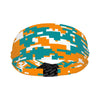 Athletic sports sweatband wide headband for youth and adult football, basketball, baseball, softball, gym workout, printed with aqua, orange, and white colors. 