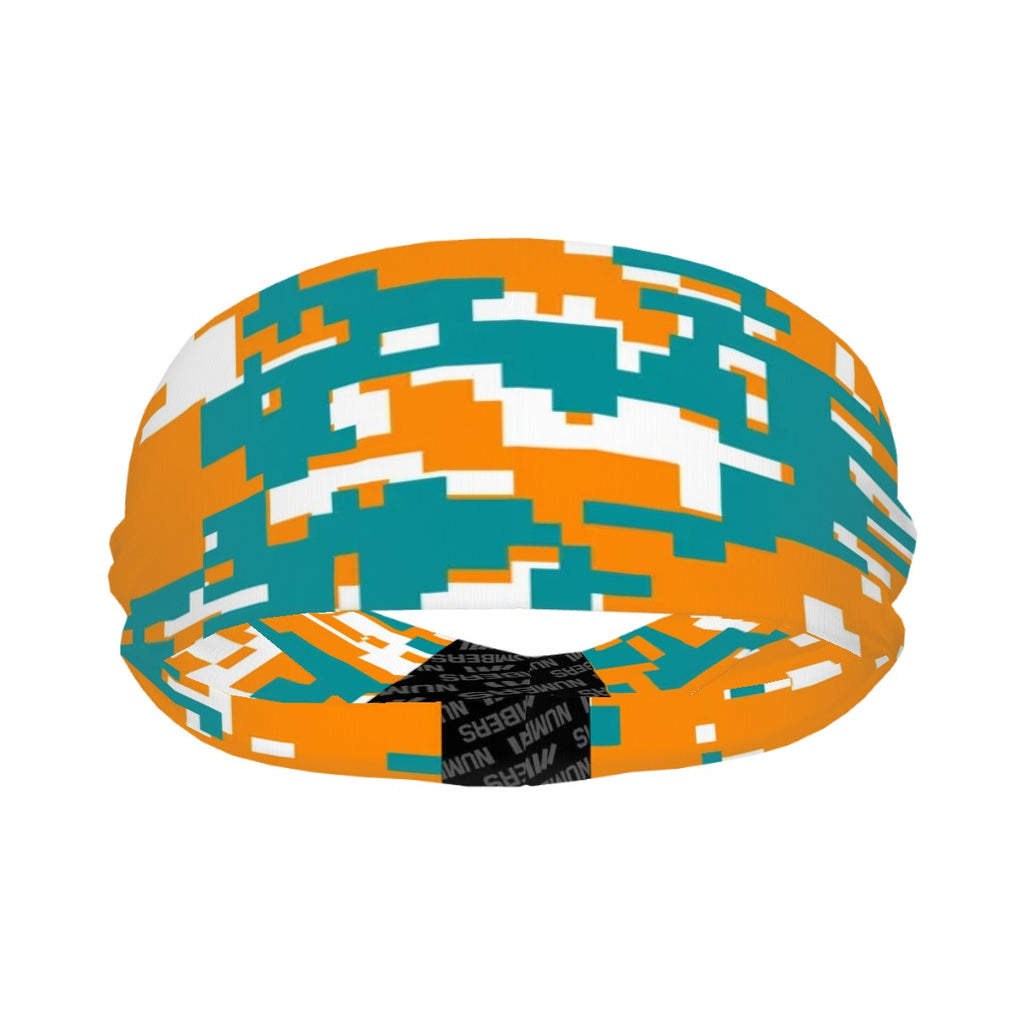 Athletic sports sweatband wide headband for youth and adult football, basketball, baseball, softball, gym workout, printed with aqua, orange, and white colors. 