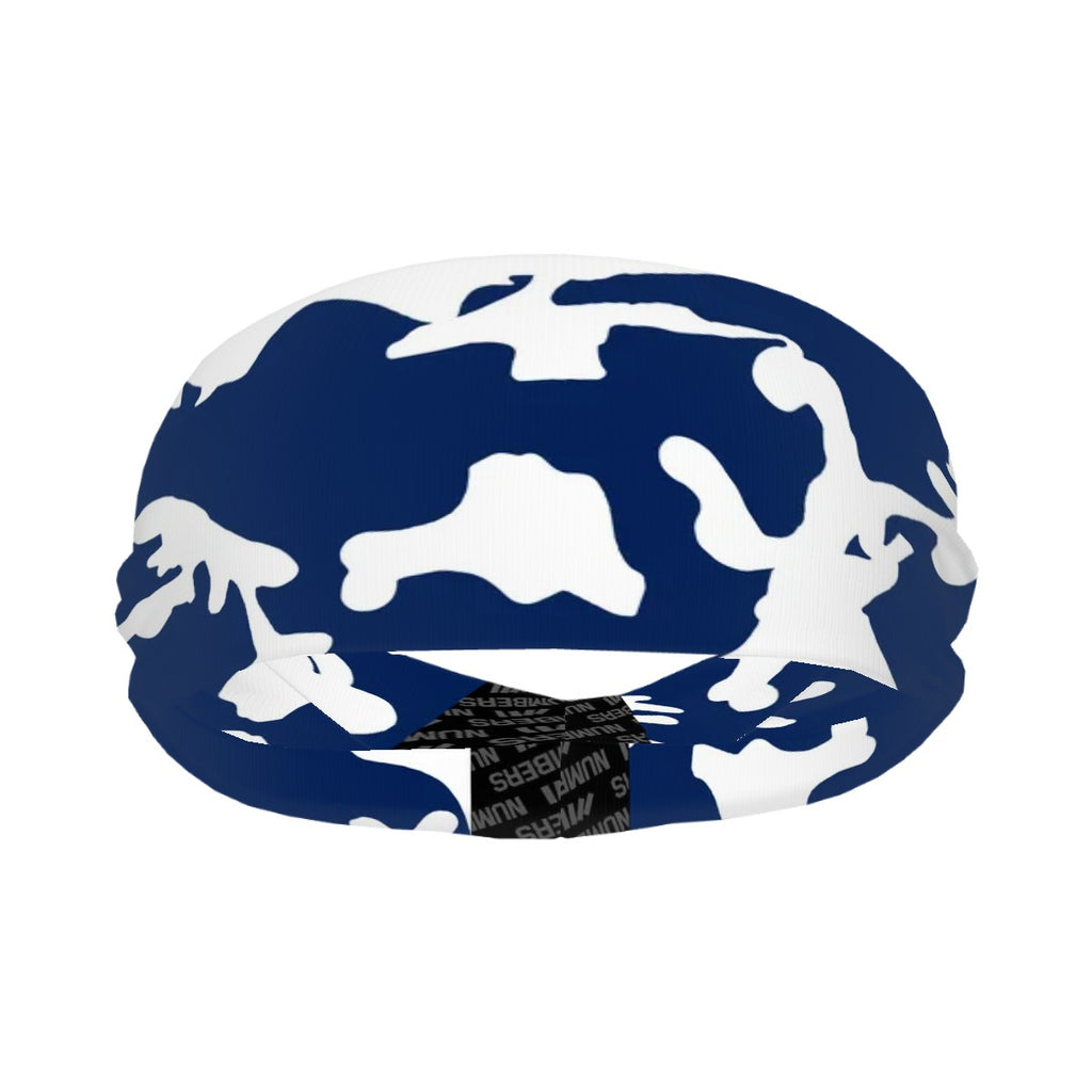 Athletic sports sweatband wide headband for youth and adult football, basketball, baseball, softball, gym workout, printed with navy blue and white colors. 