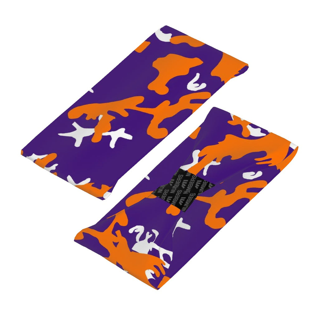 Athletic sports sweatband wide headband for youth and adult football, basketball, baseball, softball, gym workout, printed with purple, orange, and white colors. 
