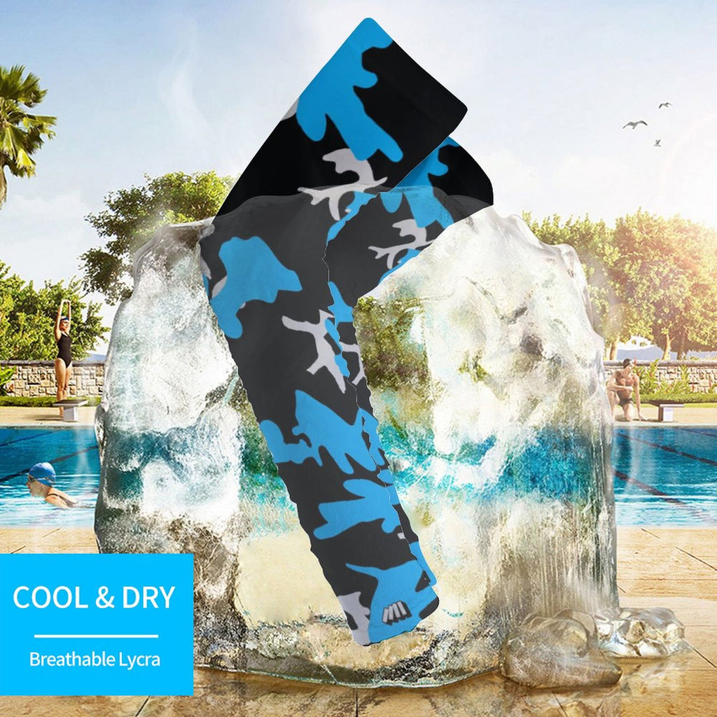 Athletic sports compression arm sleeve for youth and adult football, basketball, baseball, and softball printed with camo black, light blue, and gray colors. 