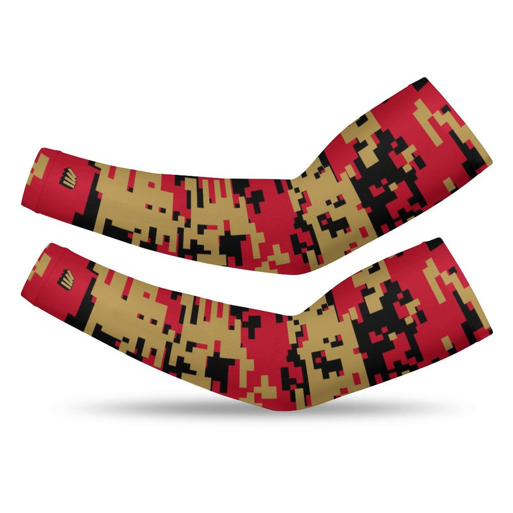Athletic sports compression arm sleeve for youth and adult football, basketball, baseball, and softball printed with digicamo red, gold, and black colors.