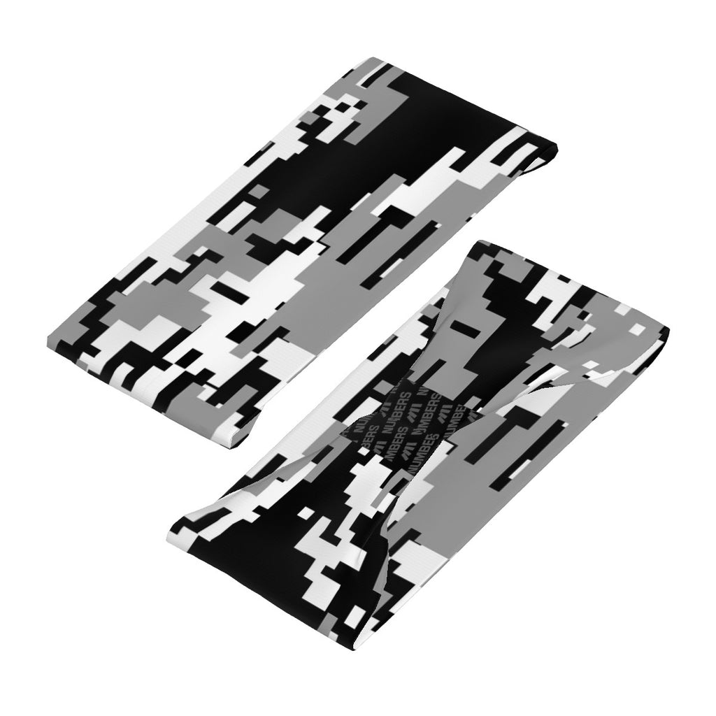 Athletic sports sweatband wide headband for youth and adult football, basketball, baseball, softball, gym workout, printed with black, gray, and white colors.